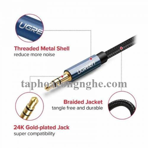 ugreen 60178 0.5M bẻ góc 90 độ cáp 3.5mm màu đen đầu xanh dương mạ vàng 24k 50cm AV112 30060178